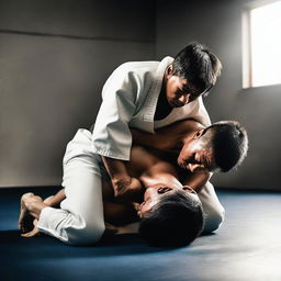 An intense martial arts scene featuring a headscissors move