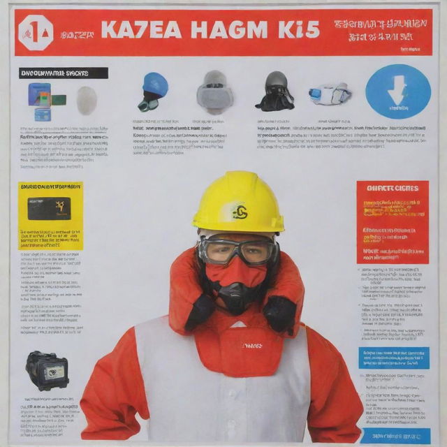 A detailed poster emphasizing K3 Safety principles includes eye-catching visuals of protective gear, safe working practices, hazard signs, first aid kit. The writing is in Indonesian language.