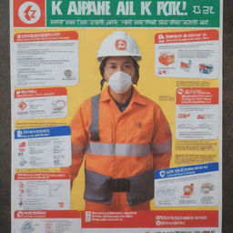 A detailed poster emphasizing K3 Safety principles includes eye-catching visuals of protective gear, safe working practices, hazard signs, first aid kit. The writing is in Indonesian language.