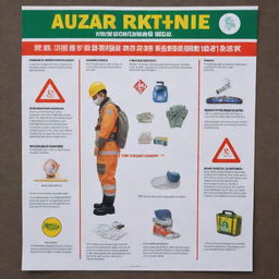 A detailed poster emphasizing K3 Safety principles includes eye-catching visuals of protective gear, safe working practices, hazard signs, first aid kit. The writing is in Indonesian language.