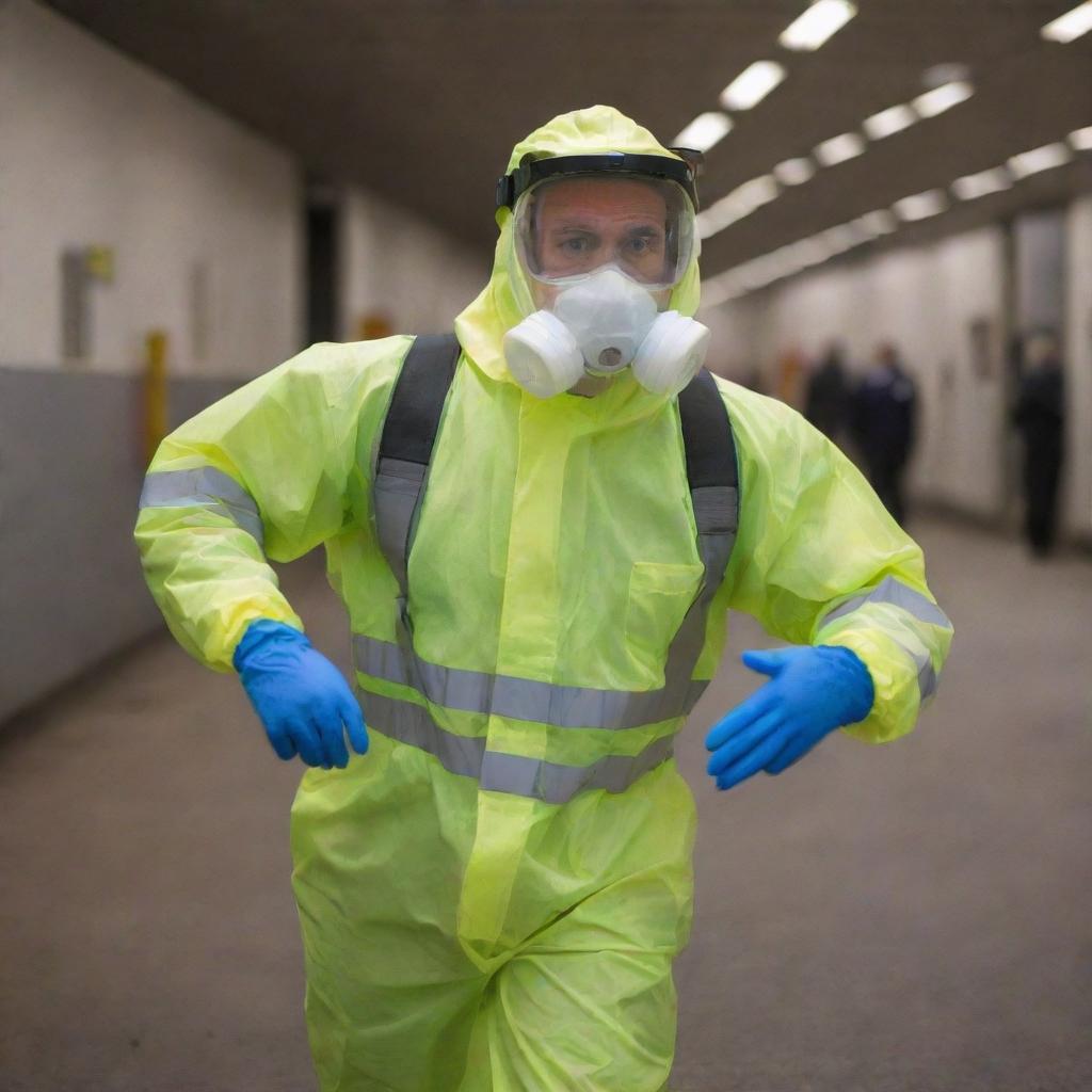 An enthusiastic person dressed in complete Personal Protective Equipment, diligently at work, before heading home safely at the end of the day.