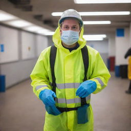 An enthusiastic person dressed in complete Personal Protective Equipment, diligently at work, before heading home safely at the end of the day.