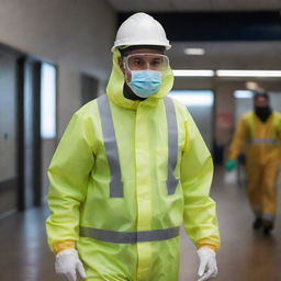 An enthusiastic person dressed in complete Personal Protective Equipment, diligently at work, before heading home safely at the end of the day.