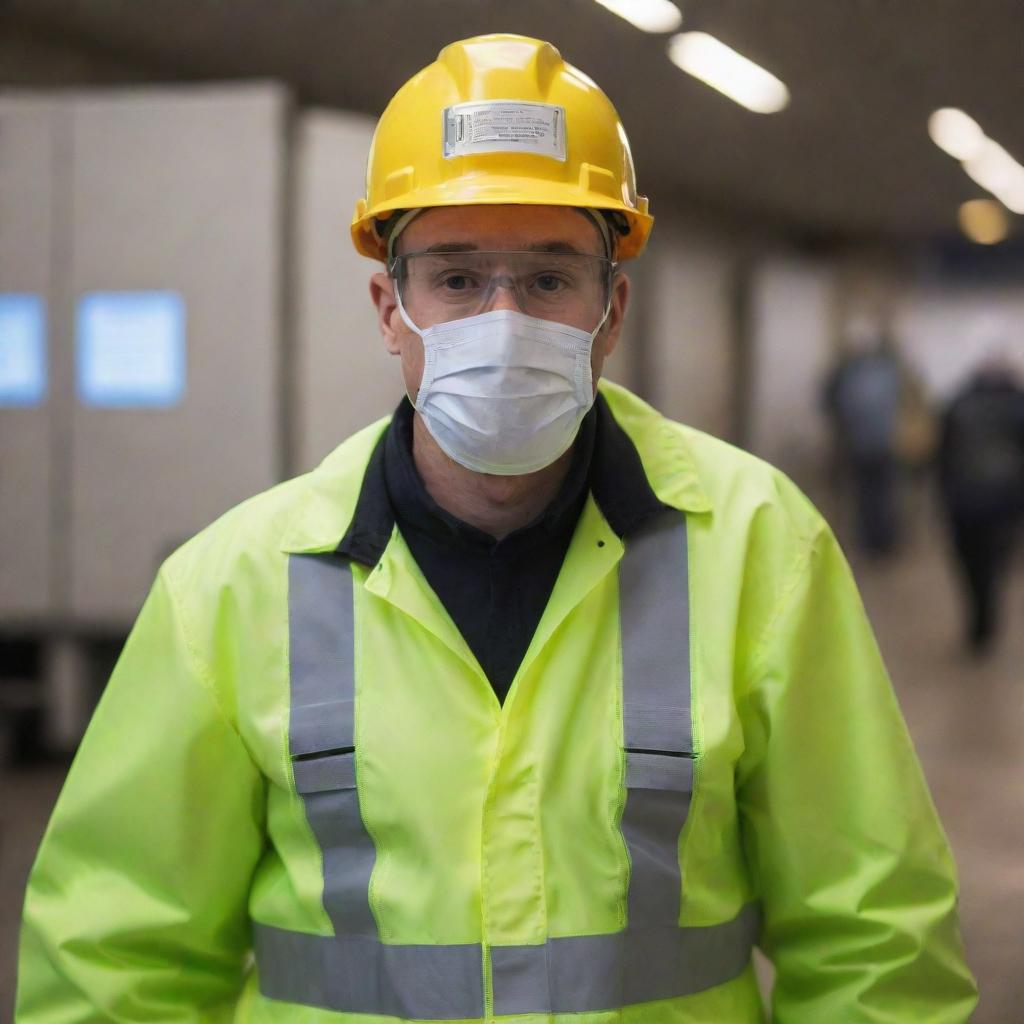 An enthusiastic person dressed in complete Personal Protective Equipment, diligently at work, before heading home safely at the end of the day.