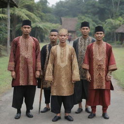 Teuku Umar and his companions in a historical setting, dressed in traditional Indonesian attire.