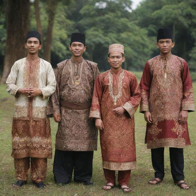 Teuku Umar and his companions in a historical setting, dressed in traditional Indonesian attire.