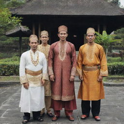 Teuku Umar and his companions in a historical setting, dressed in traditional Indonesian attire.