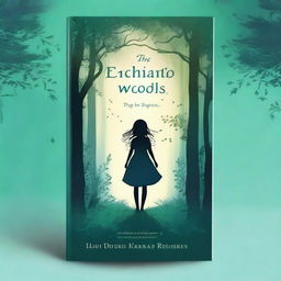 Design a book cover with a mystical forest and a silhouette of a young girl standing at its entrance