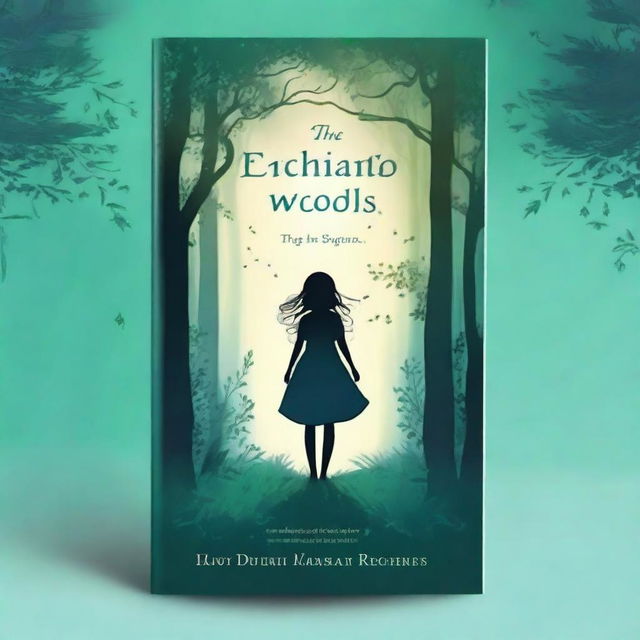 Design a book cover with a mystical forest and a silhouette of a young girl standing at its entrance