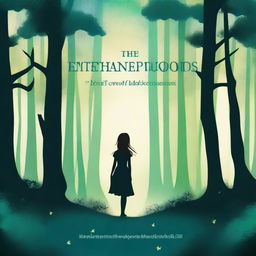 Design a book cover with a mystical forest and a silhouette of a young girl standing at its entrance