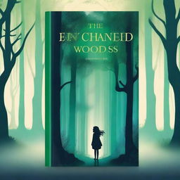 Design a book cover with a mystical forest and a silhouette of a young girl standing at its entrance