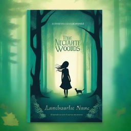 Design a book cover with a mystical forest and a silhouette of a young girl standing at its entrance