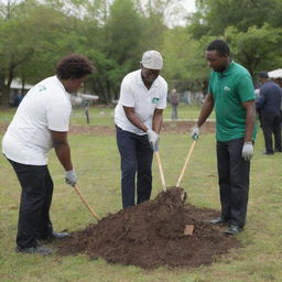 Community united in planting trees in a city park as part of an environment cleanup operation