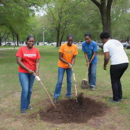 Community united in planting trees in a city park as part of an environment cleanup operation