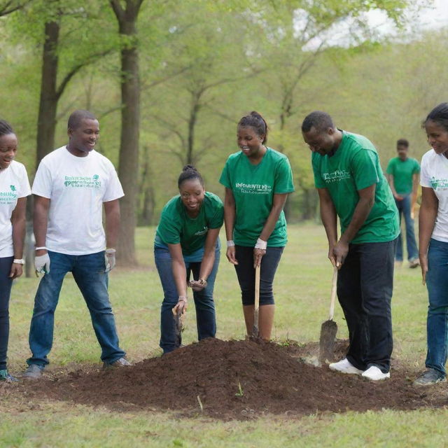 Community united in planting trees in a city park as part of an environment cleanup operation