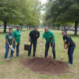 Community united in planting trees in a city park as part of an environment cleanup operation