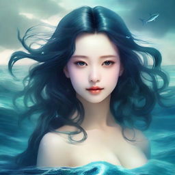 Generate an image of a young woman with sea-like qualities, such as hair that flows like waves and eyes as deep as the ocean