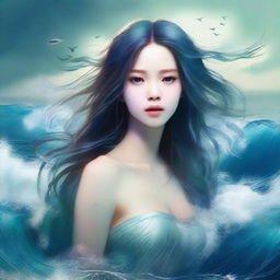 Generate an image of a young woman with sea-like qualities, such as hair that flows like waves and eyes as deep as the ocean