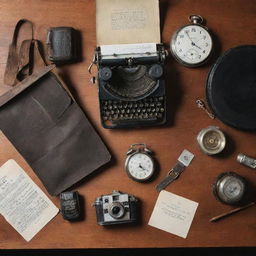 An assortment of vintage items such as an old camera, vinyl records, typewriter, and a pocket watch