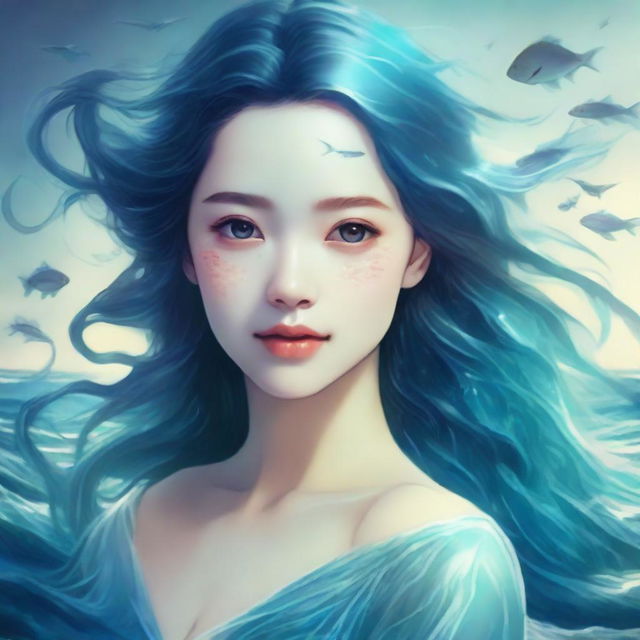 Generate an image of a young woman with sea-like qualities, such as hair that flows like waves and eyes as deep as the ocean