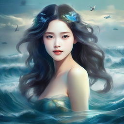 Generate an image of a young woman with sea-like qualities, such as hair that flows like waves and eyes as deep as the ocean