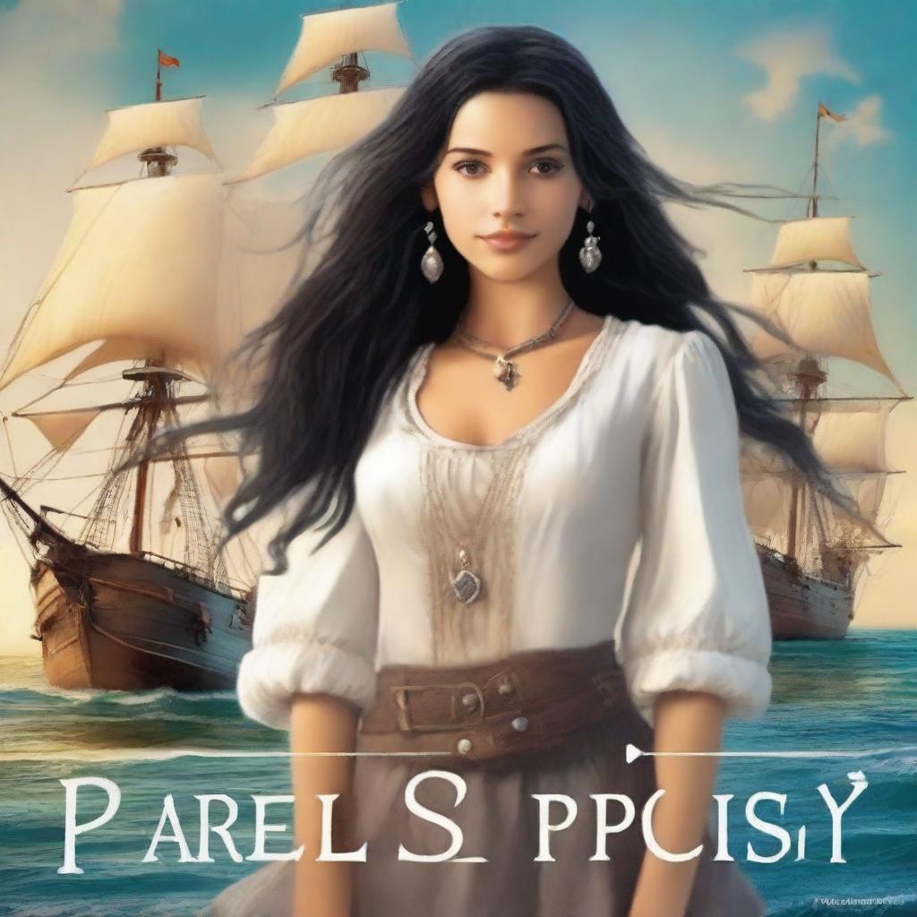 Create a book cover featuring Pearl Sparrow, the 18-year-old daughter of Jack Sparrow who ran away from home and is now the captain of her own ship