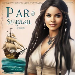 Create a book cover featuring Pearl Sparrow, the 18-year-old daughter of Jack Sparrow who ran away from home and is now the captain of her own ship