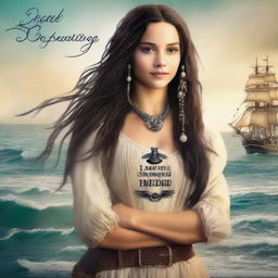 Create a book cover featuring Pearl Sparrow, the 18-year-old daughter of Jack Sparrow who ran away from home and is now the captain of her own ship