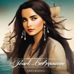 Create a book cover featuring Pearl Sparrow, the 18-year-old daughter of Jack Sparrow who ran away from home and is now the captain of her own ship