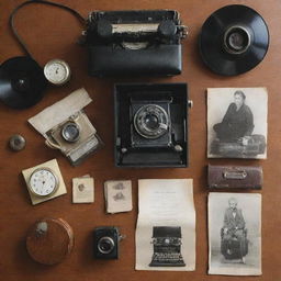 An assortment of vintage items such as an old camera, vinyl records, typewriter, and a pocket watch