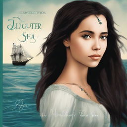 Create a book cover featuring a side profile of Pearl Sparrow, the 18-year-old daughter of Jack Sparrow who ran away from home and is now the captain of her own ship with long black hair