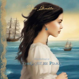 Create a book cover featuring a side profile of Pearl Sparrow, the 18-year-old daughter of Jack Sparrow who ran away from home and is now the captain of her own ship with long black hair