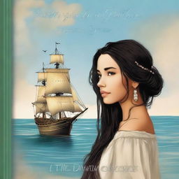 Create a book cover featuring a side profile of Pearl Sparrow, the 18-year-old daughter of Jack Sparrow who ran away from home and is now the captain of her own ship with long black hair