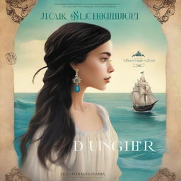 Create a book cover featuring a side profile of Pearl Sparrow, the 18-year-old daughter of Jack Sparrow who ran away from home and is now the captain of her own ship with long black hair