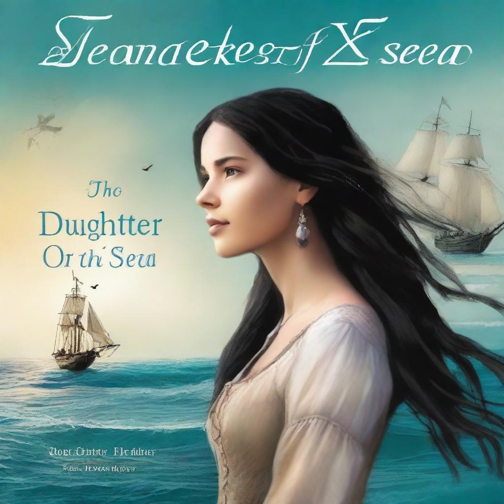 Create a book cover featuring a side profile of Pearl Sparrow, the 18-year-old daughter of Jack Sparrow who ran away from home and is now the captain of her own ship with long black hair