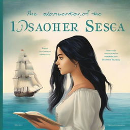 Create a book cover featuring a side profile of Pearl Sparrow, the 18-year-old daughter of Jack Sparrow who ran away from home and is now the captain of her own ship with long black hair