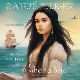 Create a book cover featuring a side profile of Pearl Sparrow, the 18-year-old daughter of Jack Sparrow who ran away from home and is now the captain of her own ship with long black hair