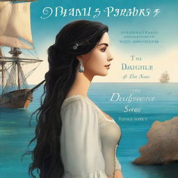 Create a book cover featuring a side profile of Pearl Sparrow, the 18-year-old daughter of Jack Sparrow who ran away from home and is now the captain of her own ship with long black hair