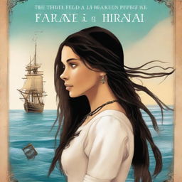 Create a book cover featuring a side profile of Pearl Sparrow, the 18-year-old daughter of Jack Sparrow who ran away from home and is now the captain of her own ship with long black hair