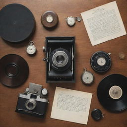 An assortment of vintage items such as an old camera, vinyl records, typewriter, and a pocket watch