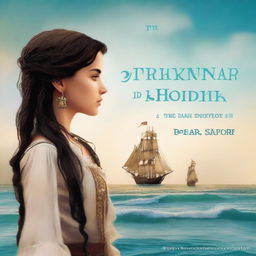 Create a book cover featuring a side profile of Pearl Sparrow, the 18-year-old daughter of Jack Sparrow who ran away from home and is now the captain of her own ship with long black hair