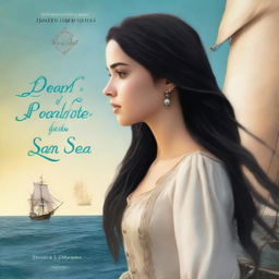 Create a book cover featuring a side profile of Pearl Sparrow, the 18-year-old daughter of Jack Sparrow who ran away from home and is now the captain of her own ship with long black hair