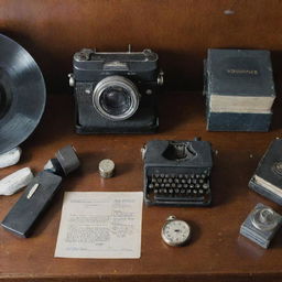 An assortment of vintage items such as an old camera, vinyl records, typewriter, and a pocket watch