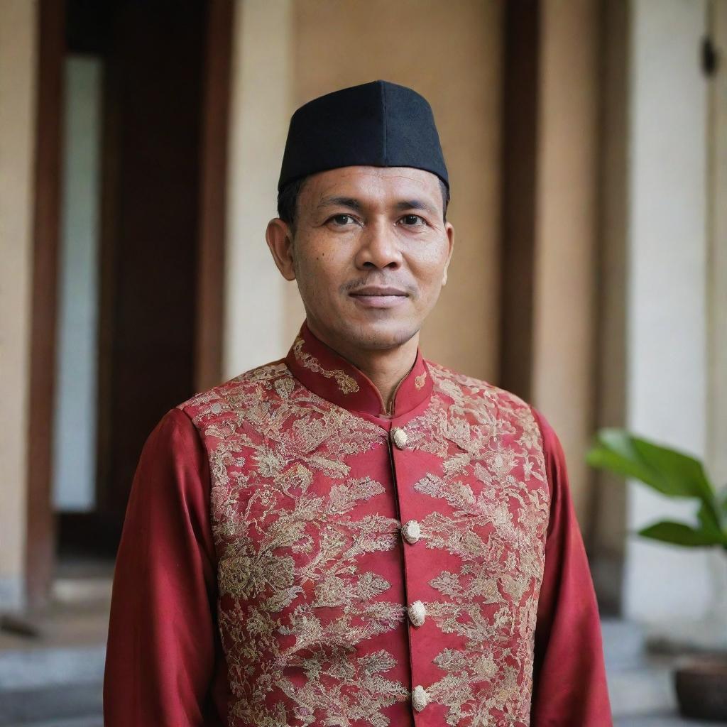 A dignified portrait of Teuku Umar, an Indonesian national hero, in traditional attire and a historical setting.