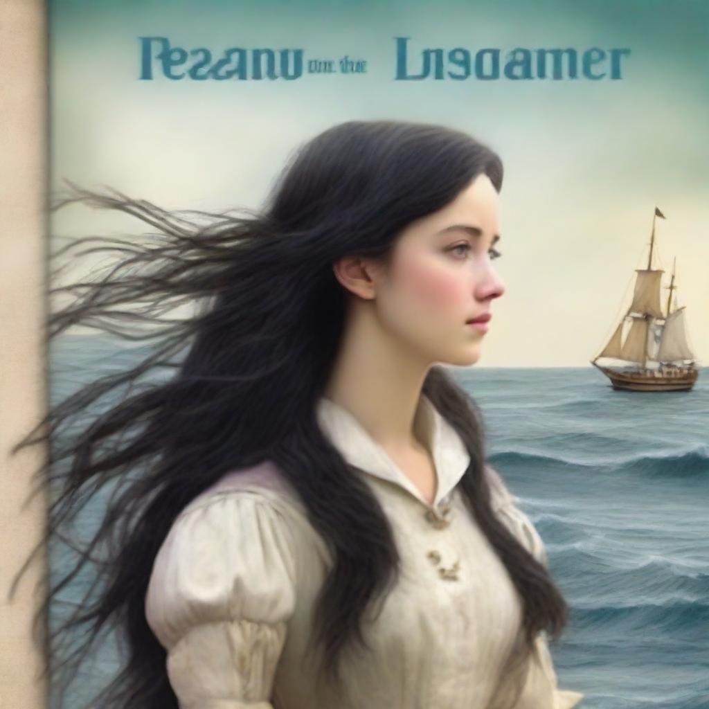 Create an aged but not too old book cover featuring a side profile of Pearl Sparrow, an 18-year-old who ran away from home and is now the captain of her own ship with long black hair