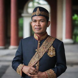 A dignified portrait of Teuku Umar, an Indonesian national hero, in traditional attire and a historical setting.