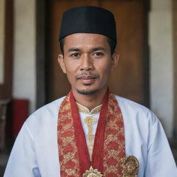 A dignified portrait of Teuku Umar, an Indonesian national hero, in traditional attire and a historical setting.