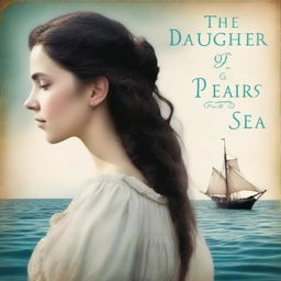 Create an aged but not too old book cover featuring a side profile of Pearl Sparrow, an 18-year-old who ran away from home and is now the captain of her own ship with long black hair