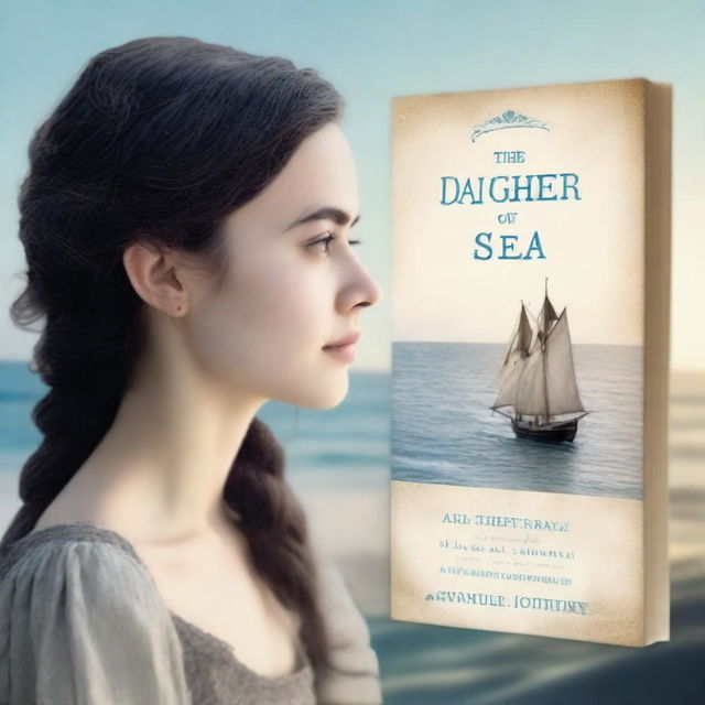 Create an aged but not too old book cover featuring a side profile of Pearl Sparrow, an 18-year-old who ran away from home and is now the captain of her own ship with long black hair