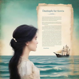 Create an aged but not too old book cover featuring a side profile of Pearl Sparrow, an 18-year-old who ran away from home and is now the captain of her own ship with long black hair